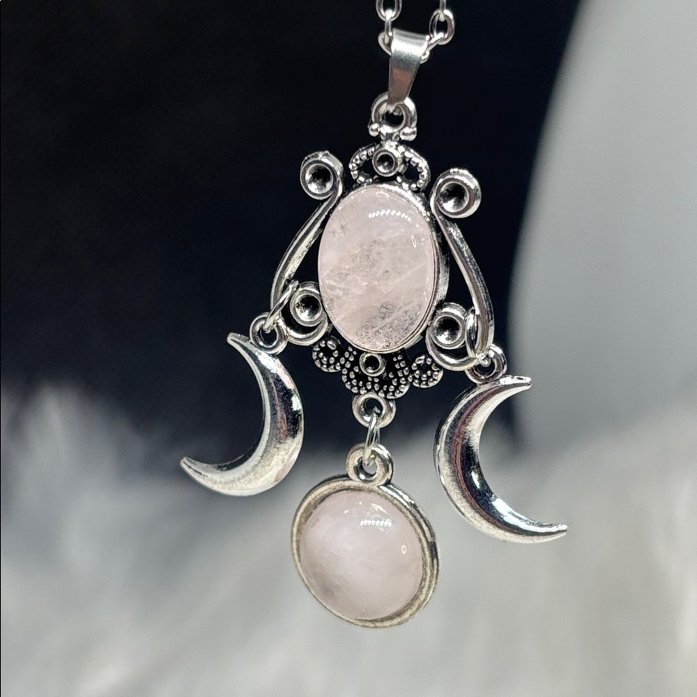 Rose Quartz Triple Moon Pendent Necklace